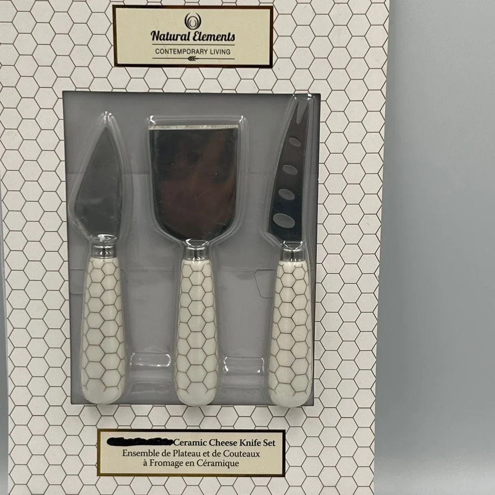Natural Elements Cheese Knife Set Honeycomb Ceramic 3pc White New